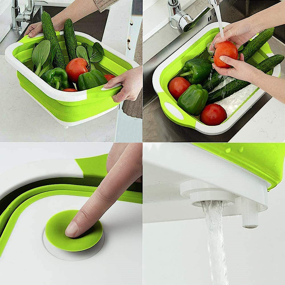Colander Fruit and Vegetable Container Basket Mixing Bowl Ice Bucket Strainer with Draining Plug Multifunctional Kitchen Gadget for Indoor and Outdoor Collapsible Chop and Strain Cutting Board 